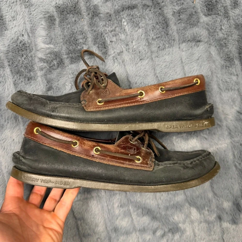 Sperry Top-Sider Authentic Original Mens 10M Black Brown Leather Boat Shoes